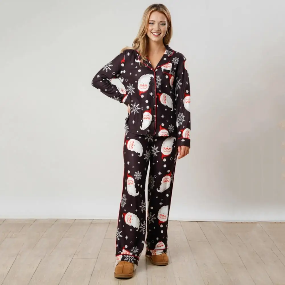 Пижама с лацканами Топ женский Рождественский пижамный комплект принтом Санты