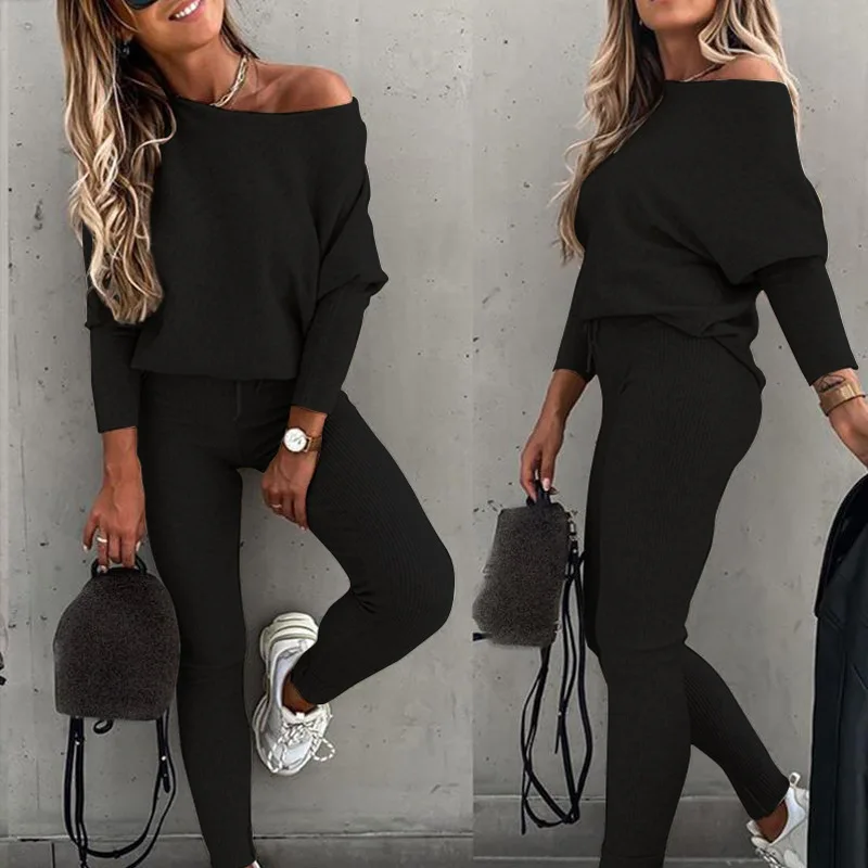 

2023 Solid color pit stripe casual fall shoulder sloping shoulder top sports pants set for women