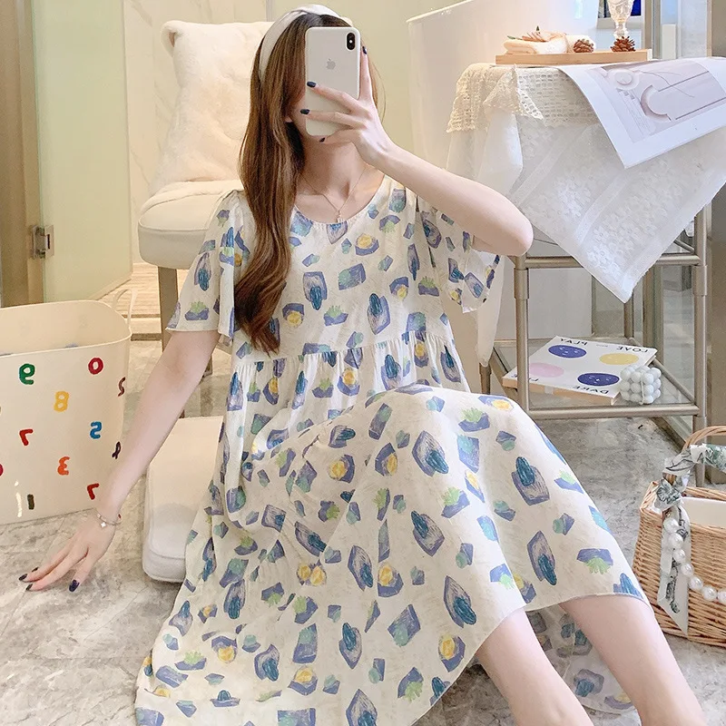 New Women's Nightgown Floral Print Short Sleeve Nightdress Comfy Sleep Nightshirt Pajama Dress Soft Sleepdress Loose Sleepwear
