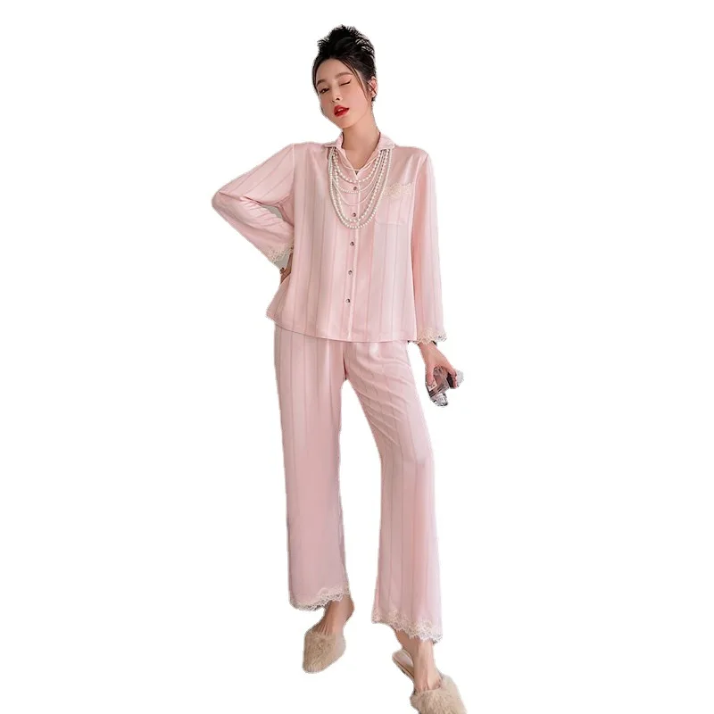 Ice silk new pajamas women's fresh and simple lace striped two-piece pajamas for women