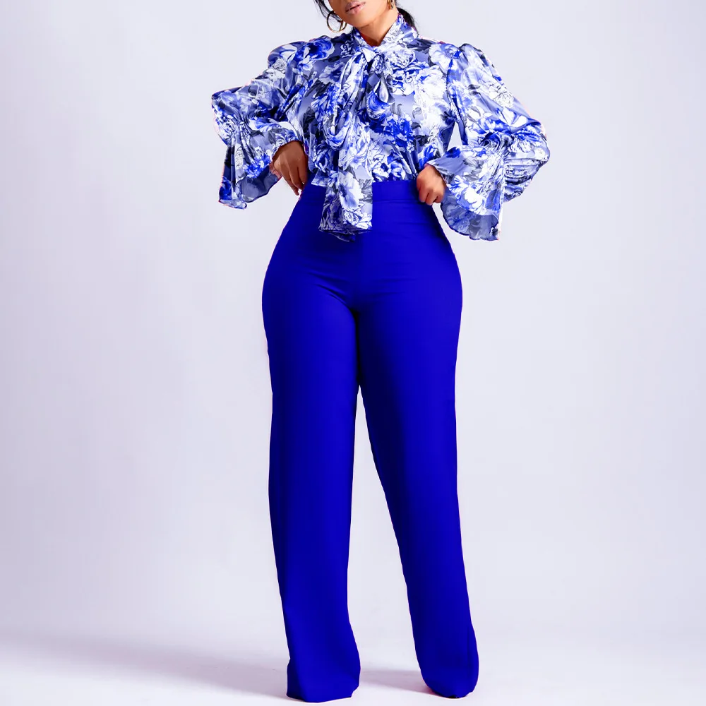 

Two Piece Set Women Tracksuit Autumn Clothes African Dresses for Women Casual Party Print Shirt Tops Wide Leg Pants Suit Outfits