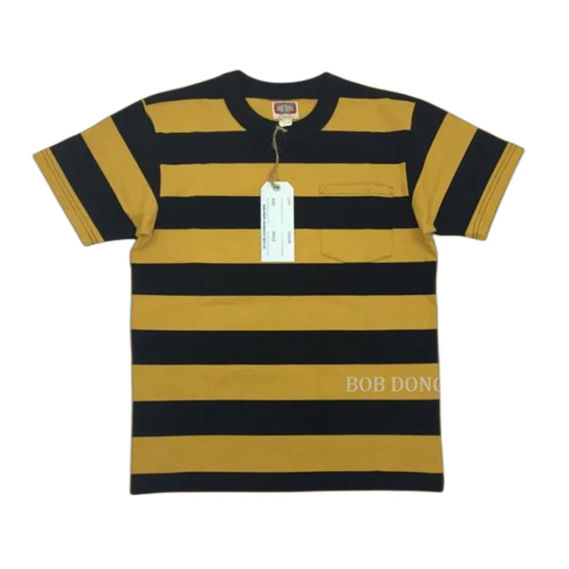 

BOB DONG Vintage 5cm Yarn-dyed Stripes Heavy 330g POCKET TEE Prisoner Uniform/Motorcycle Short Sleeve Tee Men Amekaji