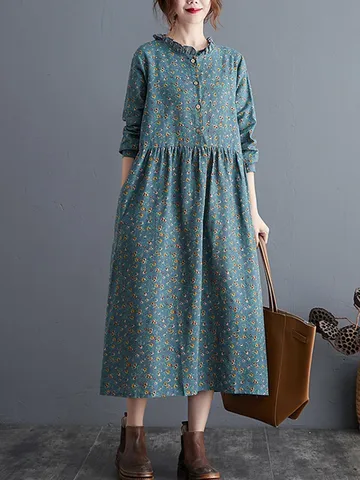 Женское винтажное платье из хлопка и льна, повседневное свободное платье с длинным рукавом и оборками, элегантная одежда с цветочным принтом, весна-осень 2024