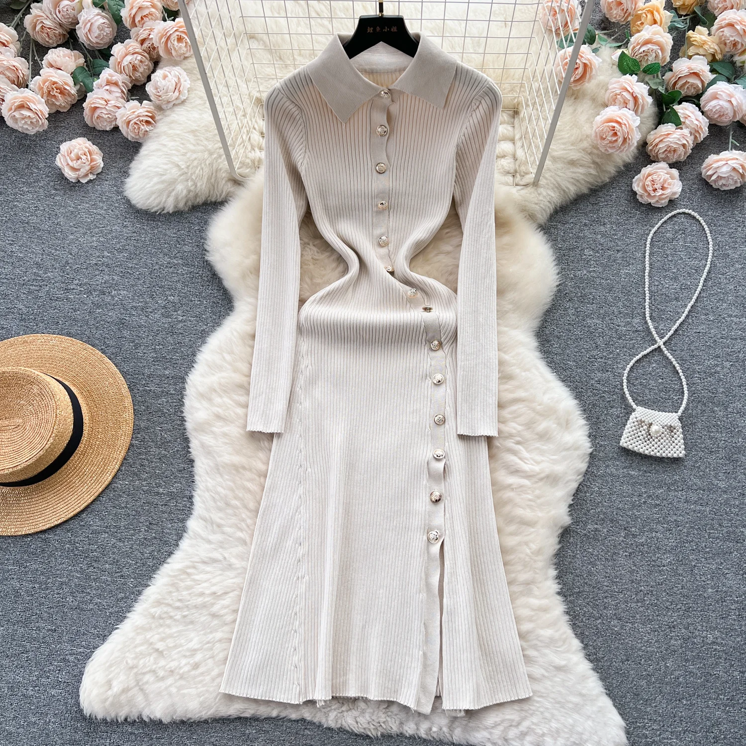 

French Lapel Single Breasted Knit Polo Dress Women's Waist Slimming Bodycon Elastic Split Sweater Dresses For Autumn Spring