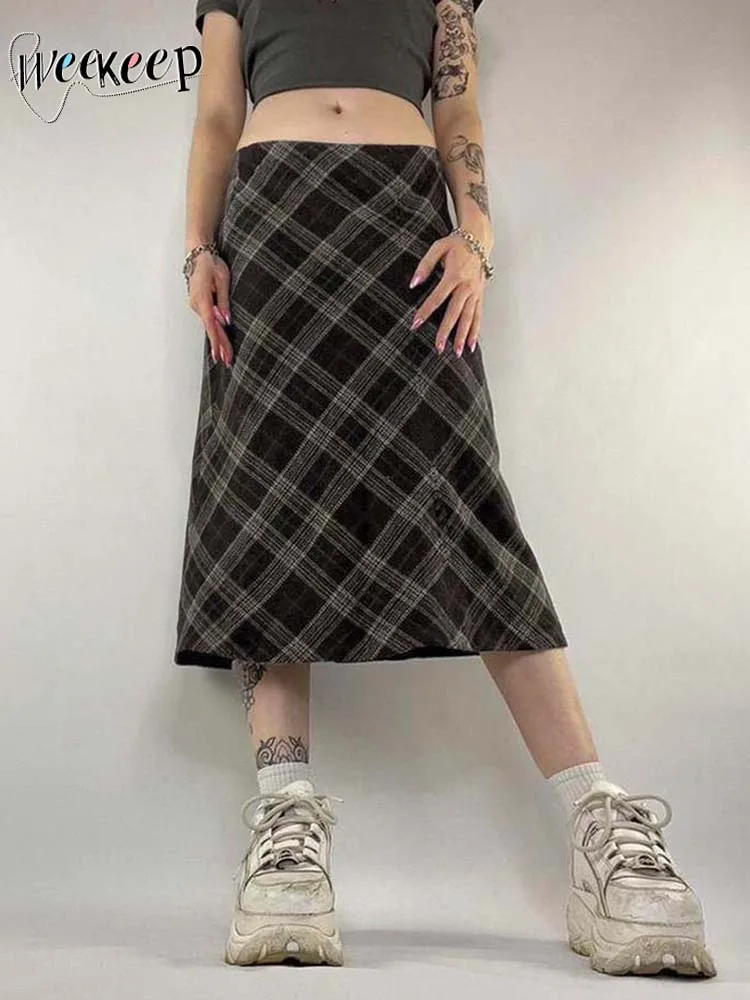 

Weekeep гранж клетчатая длинная юбка с принтом винтажная y2k низкая талия Свободные женские миди юбки Осенняя новая модная одежда Повседневная Harajuku