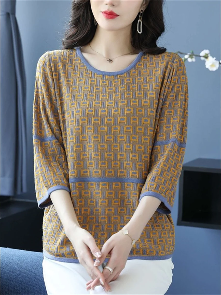 

4XL Women Spring Summer Shirts Lady Fashion Casual Half Sleeve O-Neck Collar Lattice Stripe Printing Blusas Tops TT2471