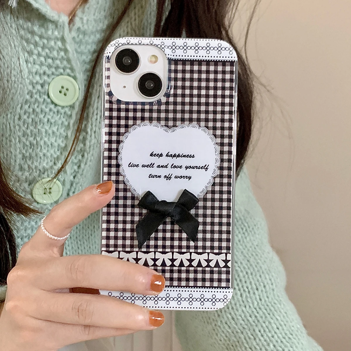 Блестящий двухсторонний IMD чехол с милым бантом в клетку для iPhone 15 13 14 12 Pro Max