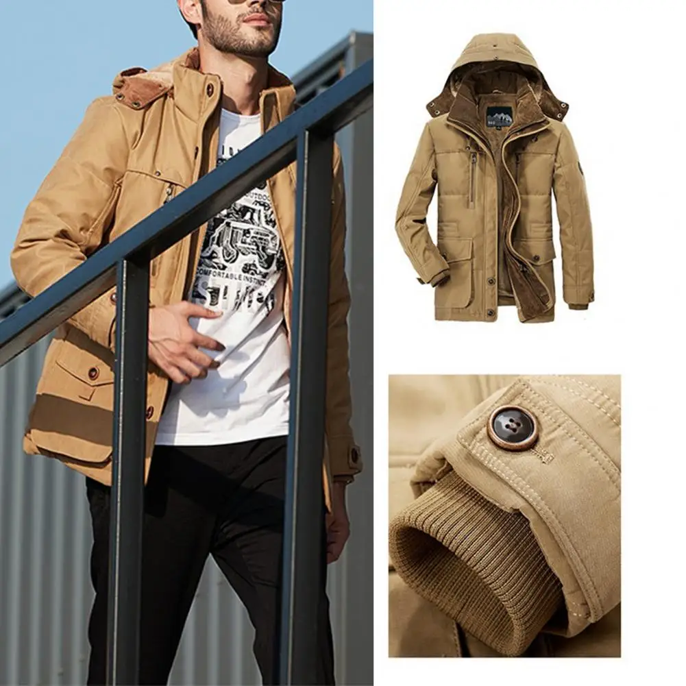 Men Coat Long Sleeve Winter Zipper Vintage Detachable Hood Parkas   Men Parkas  for Daily Wear