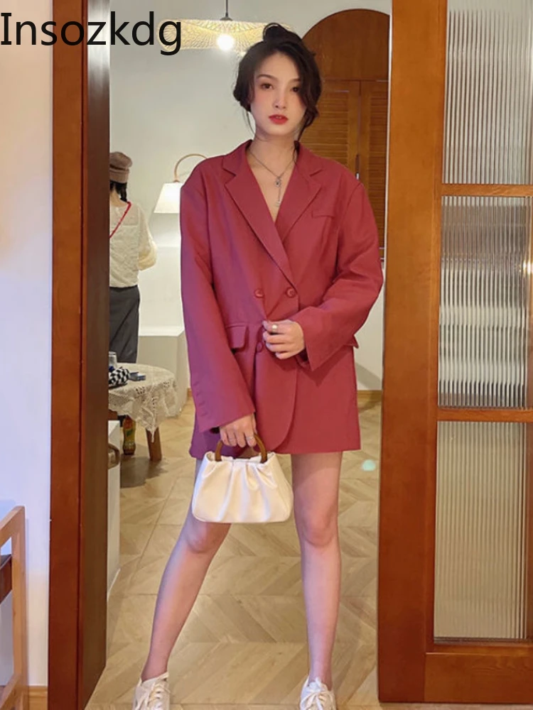 

Insozkdg Women Fashion Double Breasted Office Wear Blazer Coat Vintage Long Sleeve Pockets Female Rose Red Outerwear Spring 2022