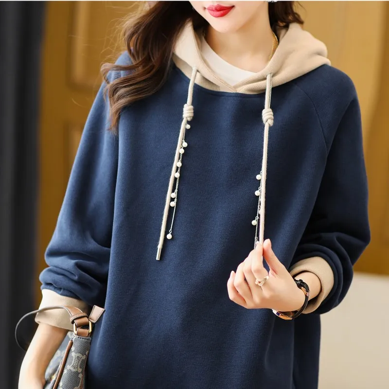 

Autumn Winter 2022 New Casual Ladie's Hoodie Sweatshirts Europe 3XL Plus Velvet Hooded Splicing Female's Coat Loose Thermal Top