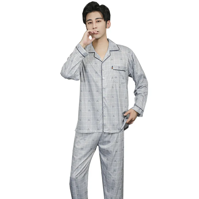 New Men's Pajamas Spring and Autumn Korean Style Pure Cotton Loose Cardigan with Turn-over Collar Long-sleeved Home Service Suit