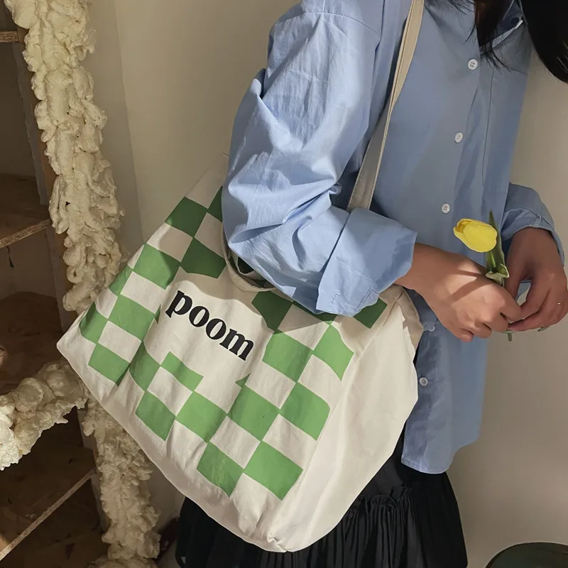 

Women Canvas Shoulder Bag Poom Plaid Print Large Shopping Bags Female Cotton Cloth Handbags Tote for Girls Students Book Bag
