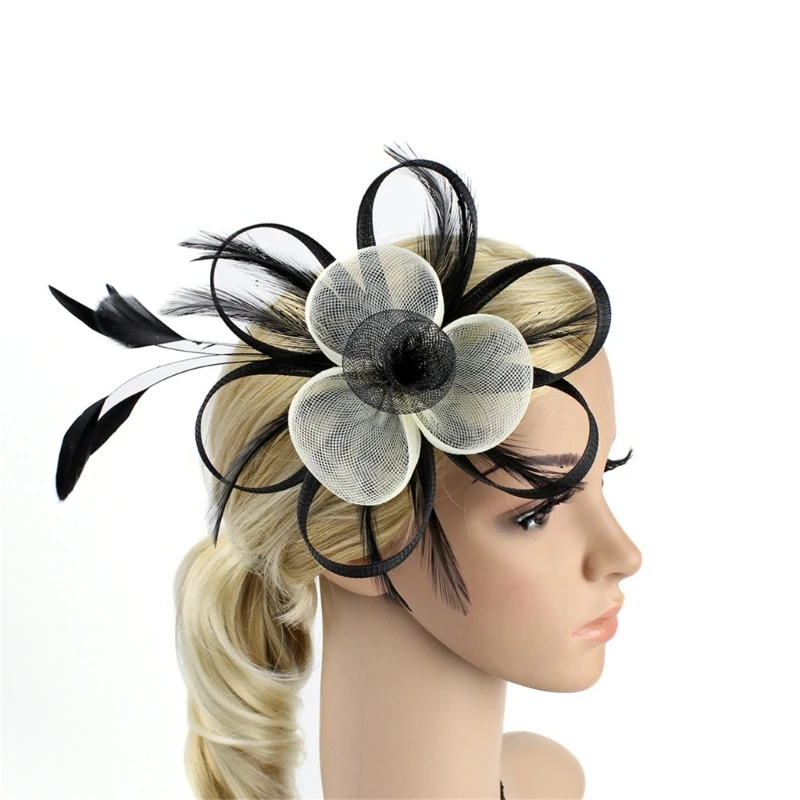 

L5YA TeaParty Fascinator Hair Pin Cocktail Feathers Hair Clip for Women Mesh Flower Headpiece Elegant Church Headband