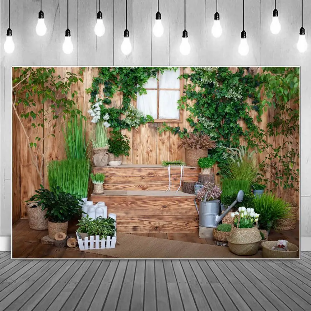 

Wooden House Living Room Gate Green Plants Home Studio Party Photo Booth Backdrops Stairway Decoration Photography Backgrounds