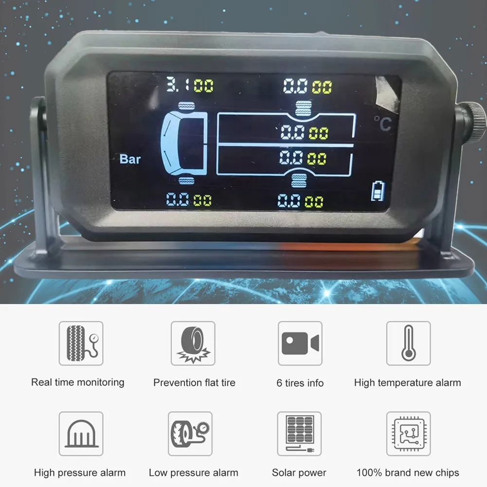 

Solar TPMS LCD Car Tire Pressure Wireless Monitoring System + 6 External Sensors 1 X Wrench USB Cable Manual Bracket Sticker