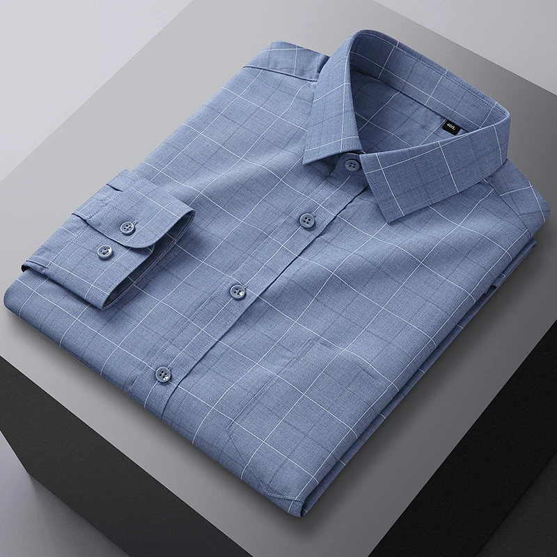 Elastic Long Sleeve Men Plaid Striped Shirt Bamboo Fiber Non-Iron Social Shirts Male Casual Soft Men Clothing Comfortable Formal