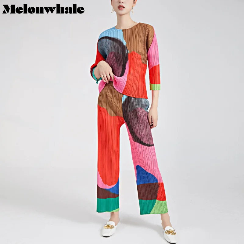 MelonWhale Geometric Printed Pleated Two Piece Sets for Women Round Collar Loose Top Waist Wide Leg Straight Pants 2023 Summer