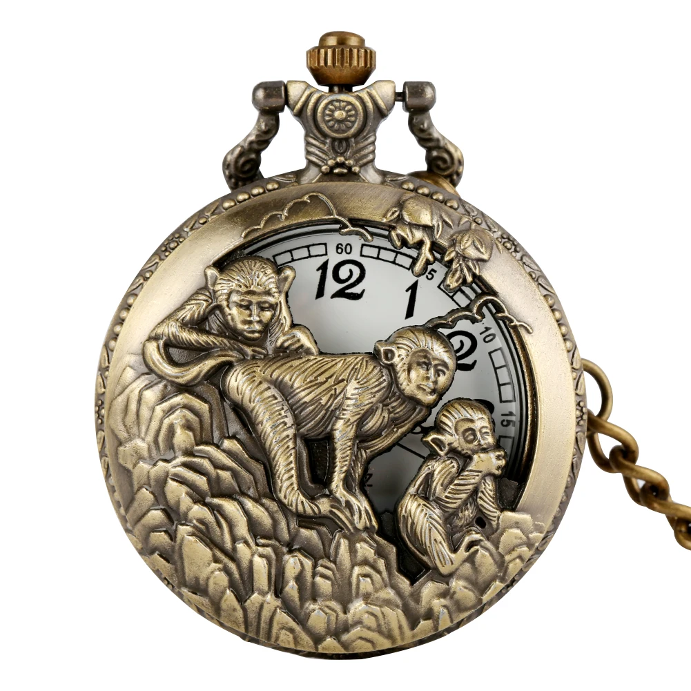 

Bronze Quartz Pocket Watch Chinese Zodiac Monkey Design Steampunk Arabic Numerals Clock Fob Watches Necklace Men Women Gifts