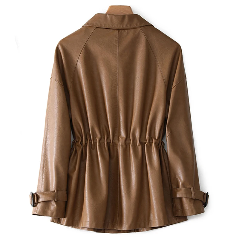 2022 Autumn Blue Short Leather Jacket Women Korean Fashion Drawstring Zipper Faux Leather Coats Female Long Sleeve Outerwear