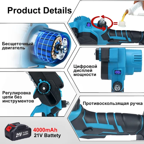 LUDYVI Бесщеточная электрическая цепная пила 8", аккумуляторная, 1280 Вт