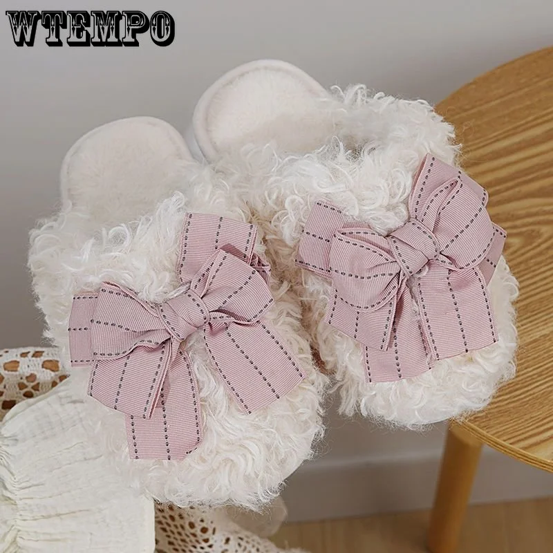 WTEMPO Winter Cotton Slippers Bow Tie Cute Thick Bottom Student Slippers Female Home Plush Anti-slip Warm Shoes Wholesale