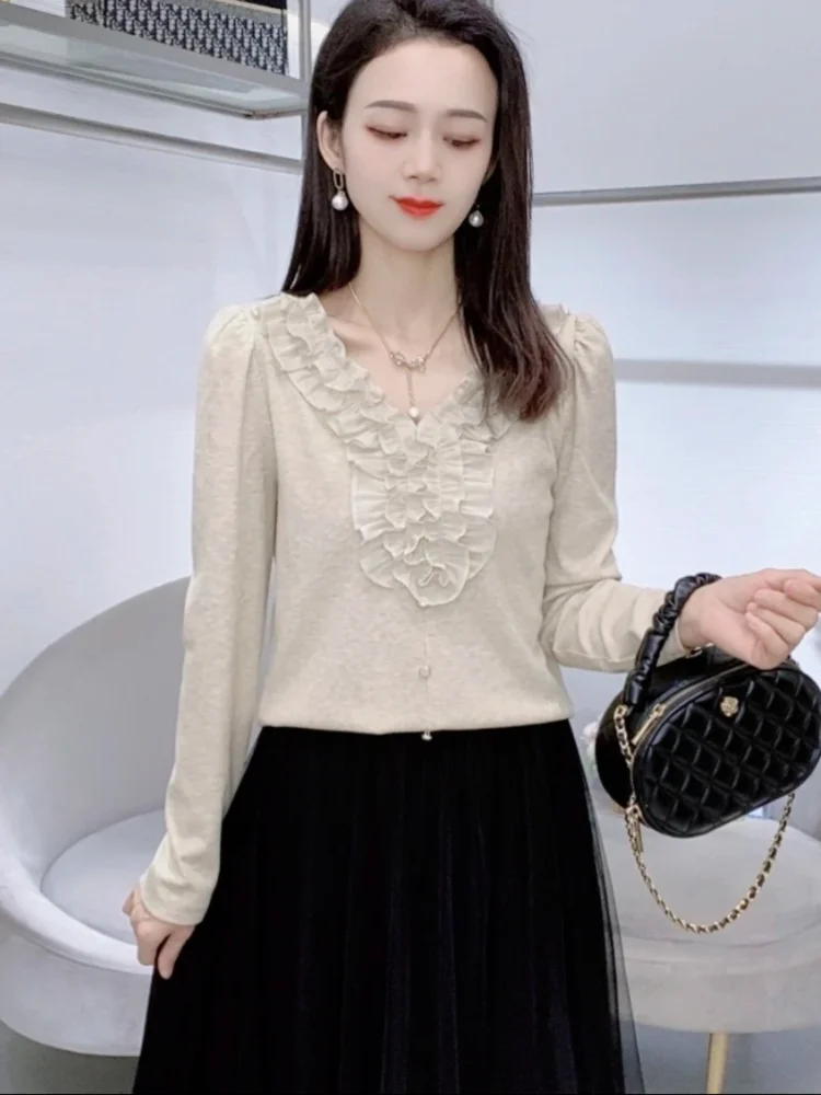 Вязаная женская футболка с длинными рукавами во французском стиле новая