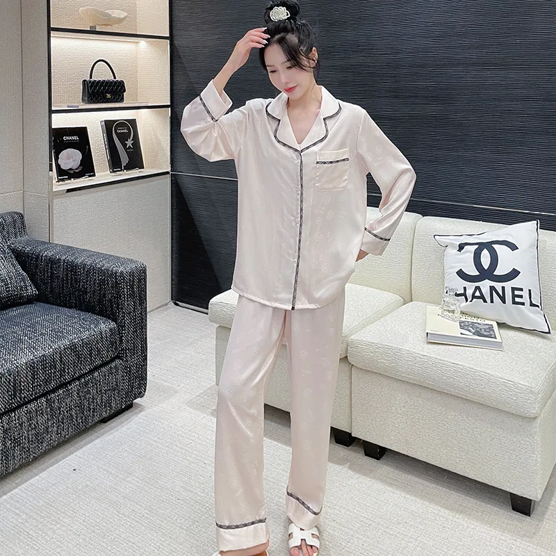 2023 Autumn Light Luxury Pajamas Women's Ice Silk Long Sleeve Two-Piece Set Camellia Jacquard Artificial Silk Home Wear