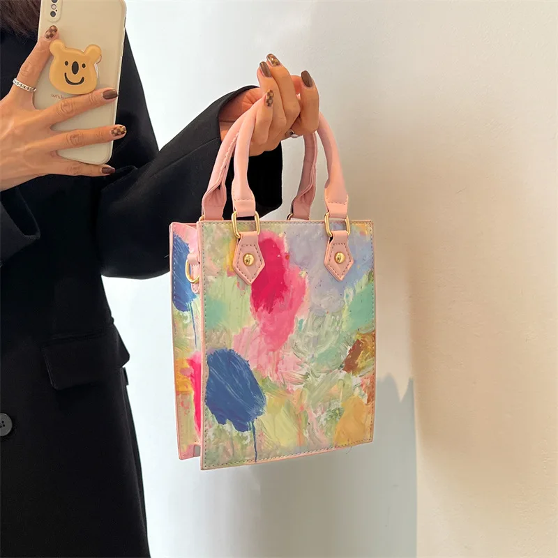 

Designer Flower Printing Handbag Women Fashion Pu Graffiti Messenger Bag Ladies Casual High Quality Square Woman Shoulder Bag