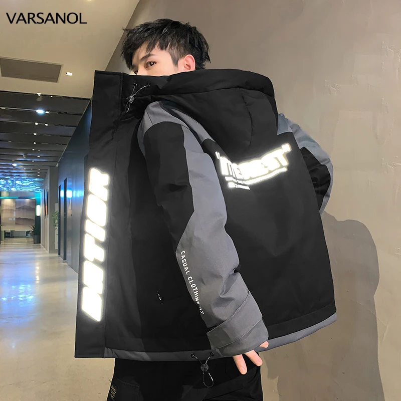 Varsanol Winter Hooded Parkas Jackets for Men Thick Warm Fashion Reflective Male Coat Clothing Padding Cotton Men's Jackets 4XL