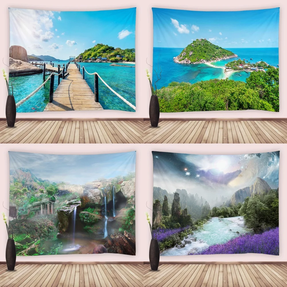 

Blue Ocean Island Tapestry Natural Scenery Forest Mountain Landscape Tapestries Wall Hanging for Bedroom Living Room Dorm Decor