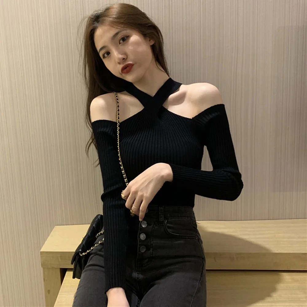 

Women Sexy Off Shoulder Sweater For Women Halter Fashion Long Sleeve Casual Solid Knit Pullovers Femme Sweater 2022 Autumn