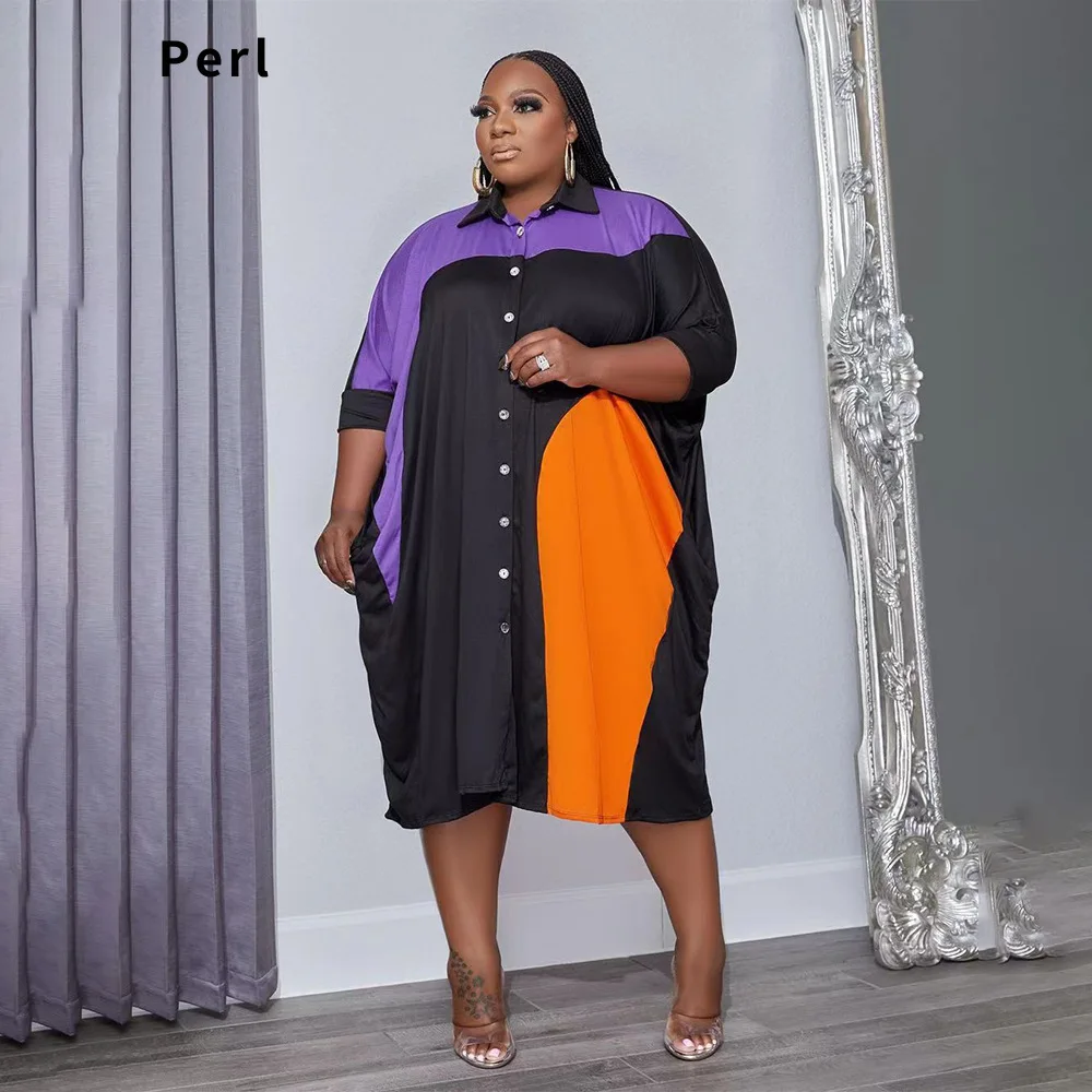 

Perl Xl-5xl Plus Size T-shirt Loose Dress Casual Fashion Patchwork Outfit Straight Women Clothing vestidos de verano mujer 2022