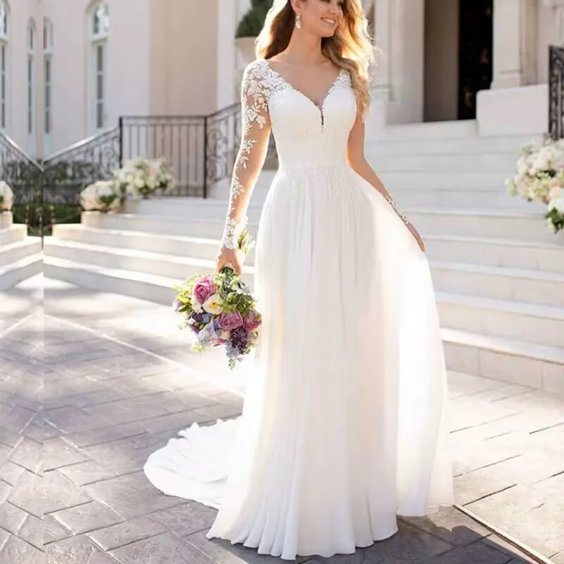 

V Neck Long Sleeve Chiffon Beach Wedding Dresses Open Back White Lace Applique Bridal Dress Party Vestidos De Novia A-line