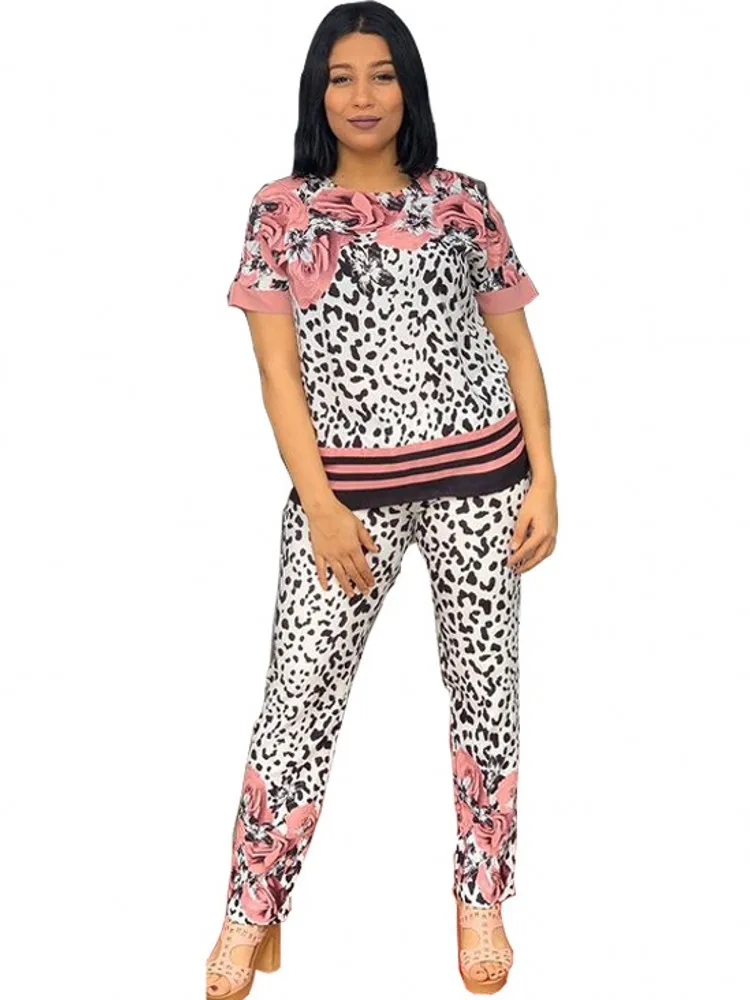 

2 Piece Set Women Dashiki African Clothes 2022 Autumn Summer New Fashion Short Sleeve Top Pants Suit Party Lady Matching Sets