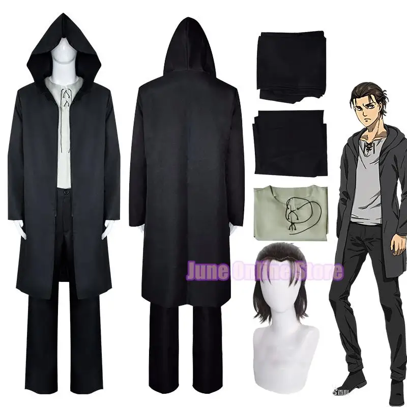 

Eren Jaeger Season 4 Cosplay Costume Anime Attack on Titan Eren Cosplay Black Hooded Trench T-shirt Pants Halloween Clothes