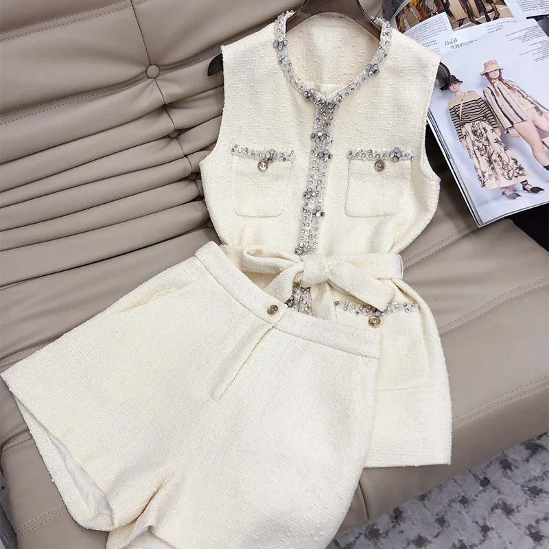 

New Lady Elegent 2 Piece Tweed Suit Single-breasted Sleeveless Diamonds Jackets High Waist Mini Shorts 2023 Fashion Women Sets