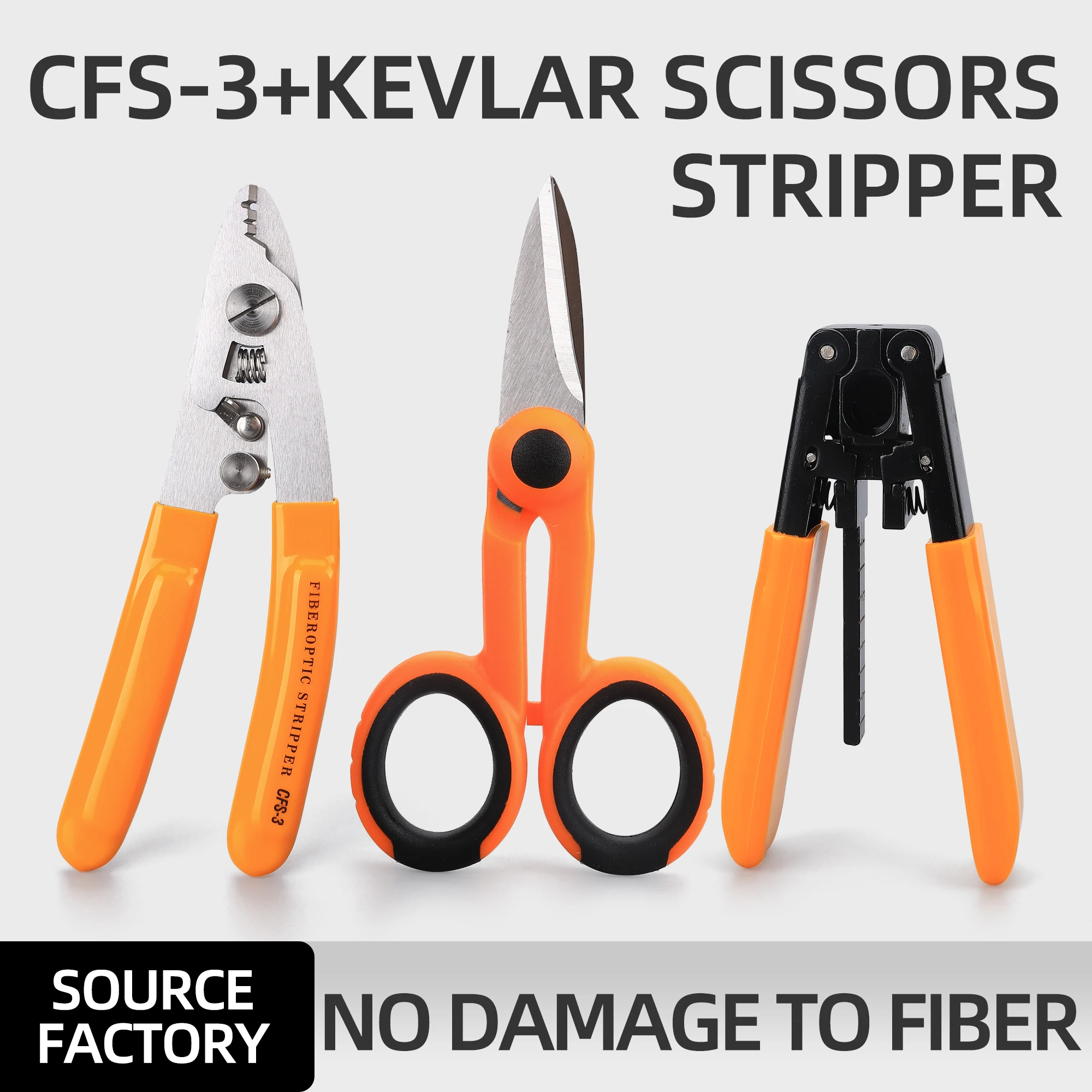 Fiber Optic Tool Set Stainless Steel Three Port CFS-3 Fiber Stripper Kevlar Scissors And Orange Leather Wire Stripper