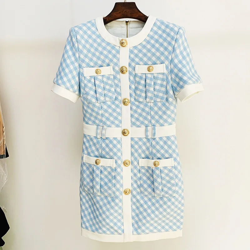 HIGH STREE Women Luxury Quality Short Sleeve Pocket Skinny Sheath Straight Dress Lion Buttons Color Block Plaid Tweed Dress