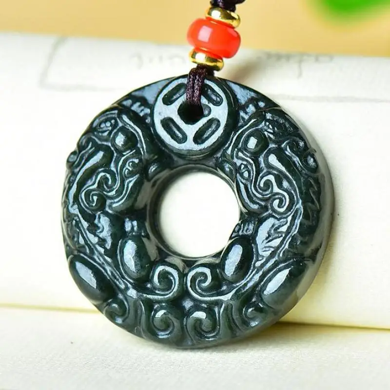 

Natural Green Jade Double Pixiu With Coin Donut Pendant Necklace Men Women Genuine Nephrite Hetian Jades Lucky Charms Amulets