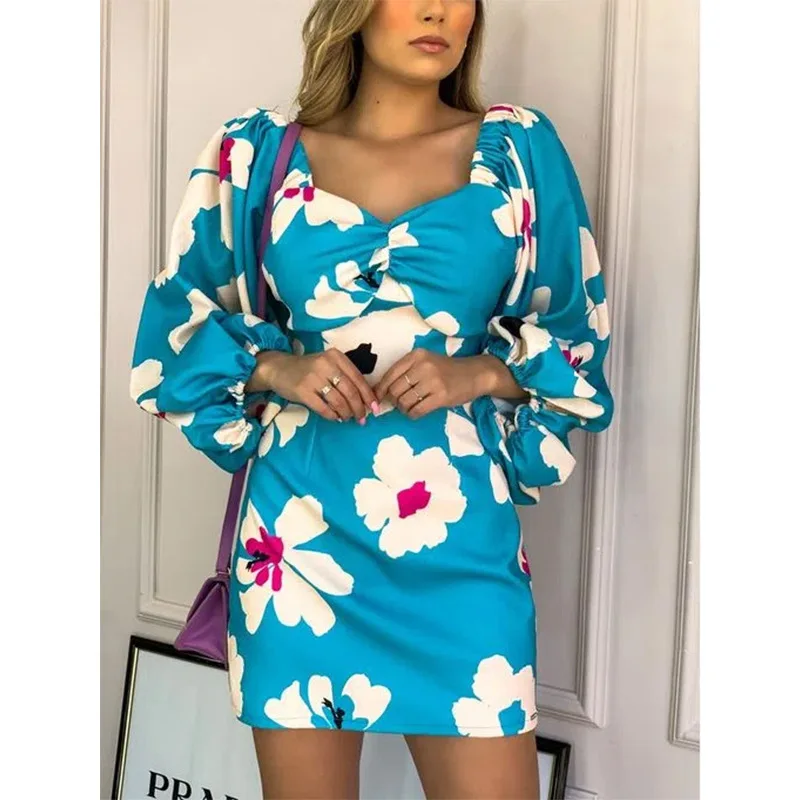 

Spring New Flower Dress Lantern Sleeve Waist Dresses Beach Party Hip Wrap Skirt