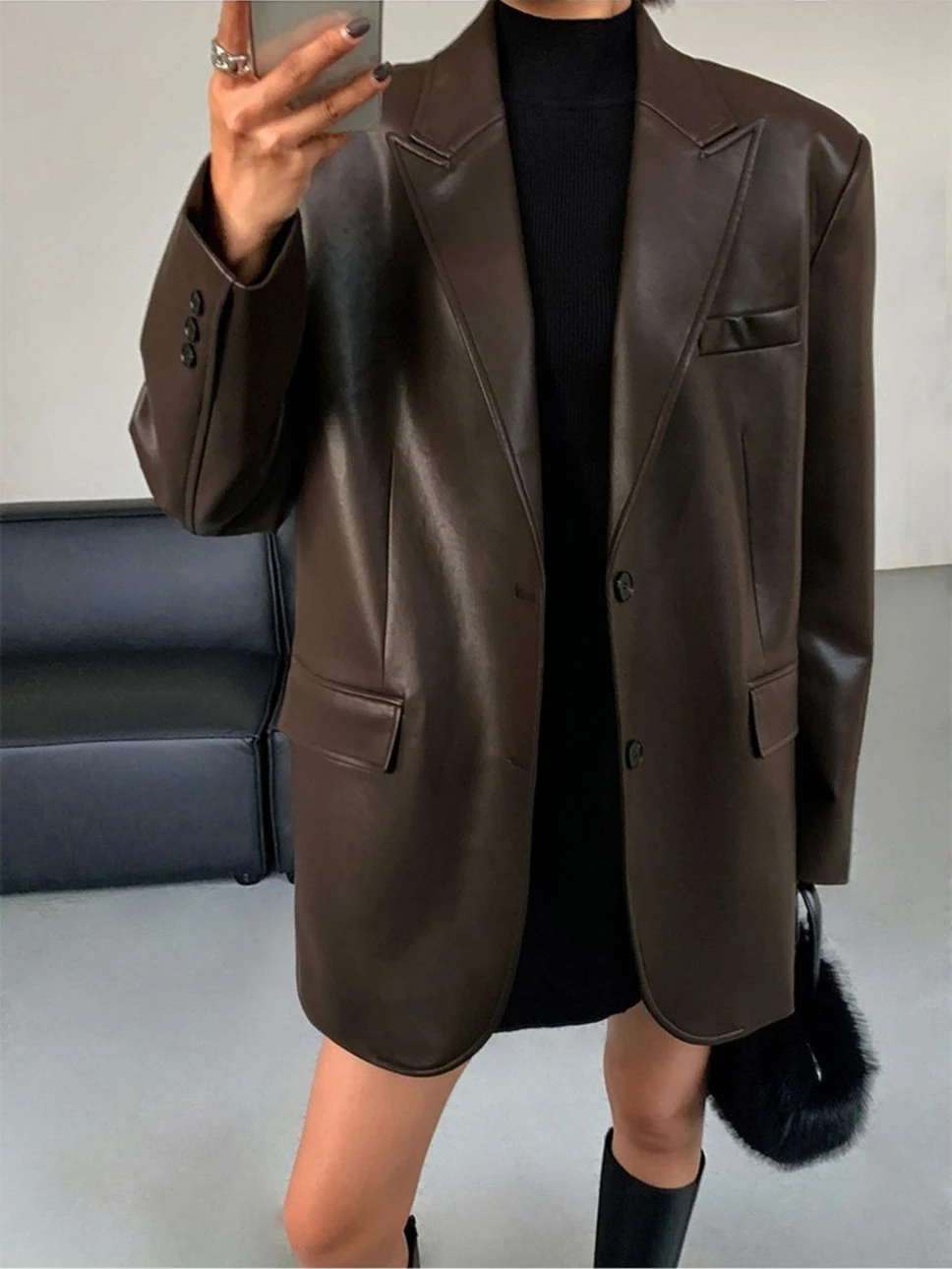 Винтажный осенний черный коричневый мягкий пиджак из искусственной кожи женское