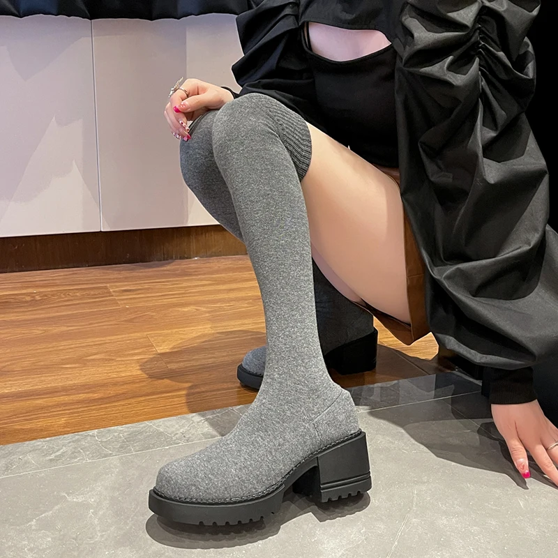 

Rimocy 2022 New High Heels Over The Knee Boots Women Winter Elastic Knitted Long Sock Boots Woman Thick Bottom Thigh High Botas