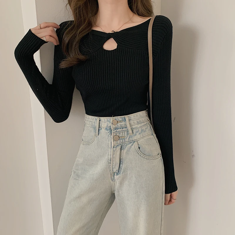

Women's Korean Fashion Hollow Out T-shirts 2022 Spring Slim Solid Knitwear Aesthetic Ribbed Primer Shirt Female Long Sleeve Tees