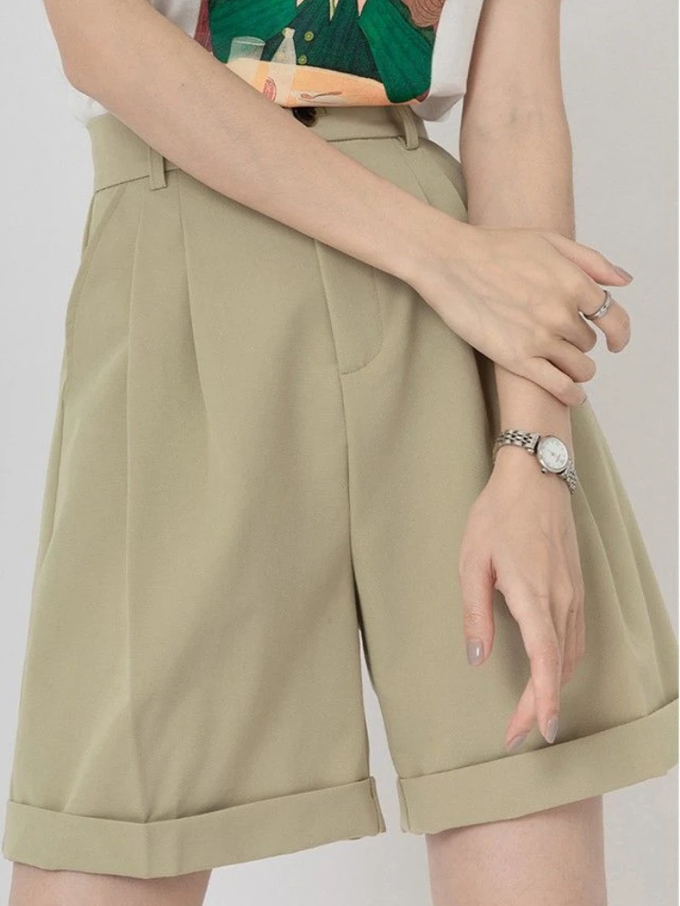 

Шорты женские с завышенной талией, Свободные повседневные однотонные хлопковые модные базовые Костюмные Короткие штаны в рулоне с широким...