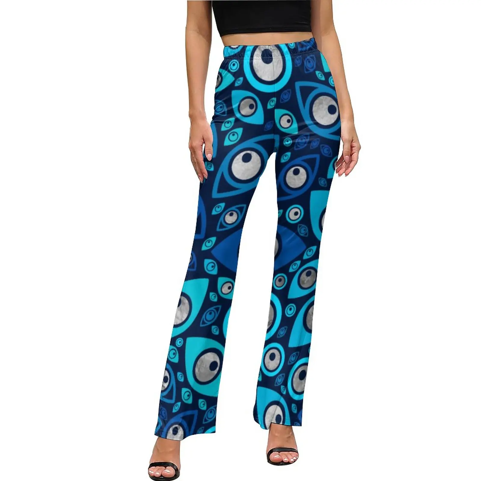 

Blue And Silver Evil Eye Pants Greek Amulet Casual Flared Trousers Summer Woman Graphic Aesthetic Slim Fit Pants