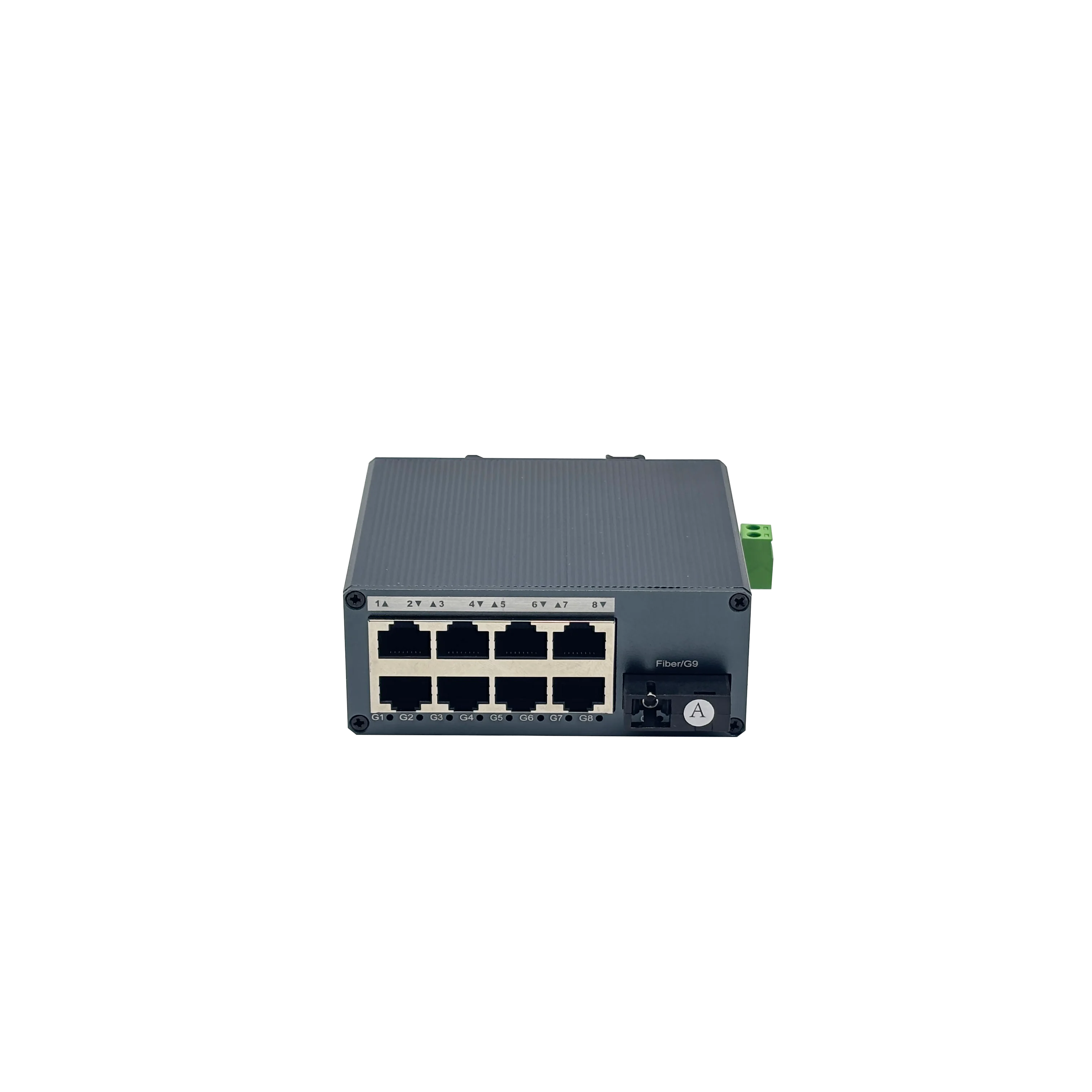 Фото Гигабитный медиаконвертер 1 SC на 8 RJ45 10/100/1000M, промышленного класса, миниатюрный, одномодовый, 20 км, для монтажа на DIN-рейку, оптический трансивер. №1