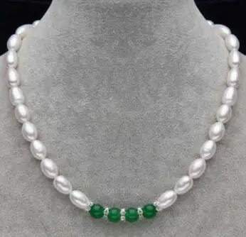 

Fashion Natural 6-7MM White Rice Akoya Pearl & Green Jade Beads Necklace 18"