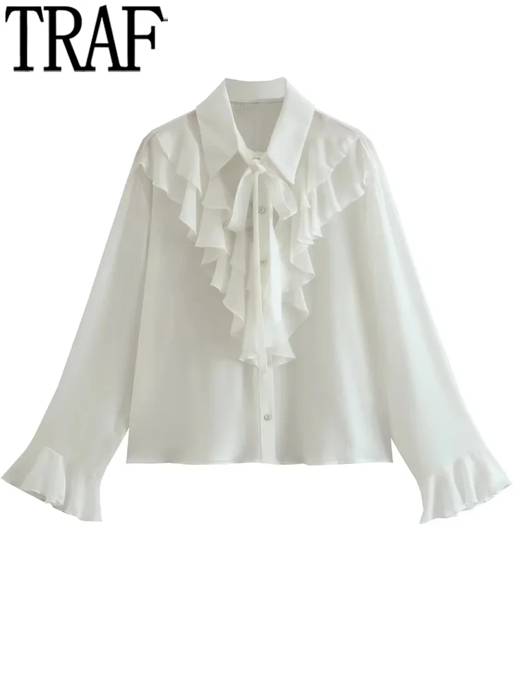 

Блузка женская с рюшами и бантом, на пуговицах, с длинным рукавом