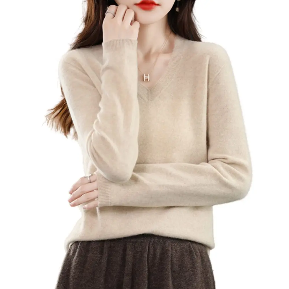 

Женские свитера из 100% мериносовой шерсти, Новые пуловеры, осенне-зимняя женская одежда с V-образным вырезом, мягкий джемпер с длинным рукавом, топы, весна