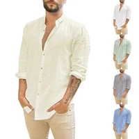 2022 mens linen cardigan solid color casual stand collar long sleeve shirt camisa masculina slim fit